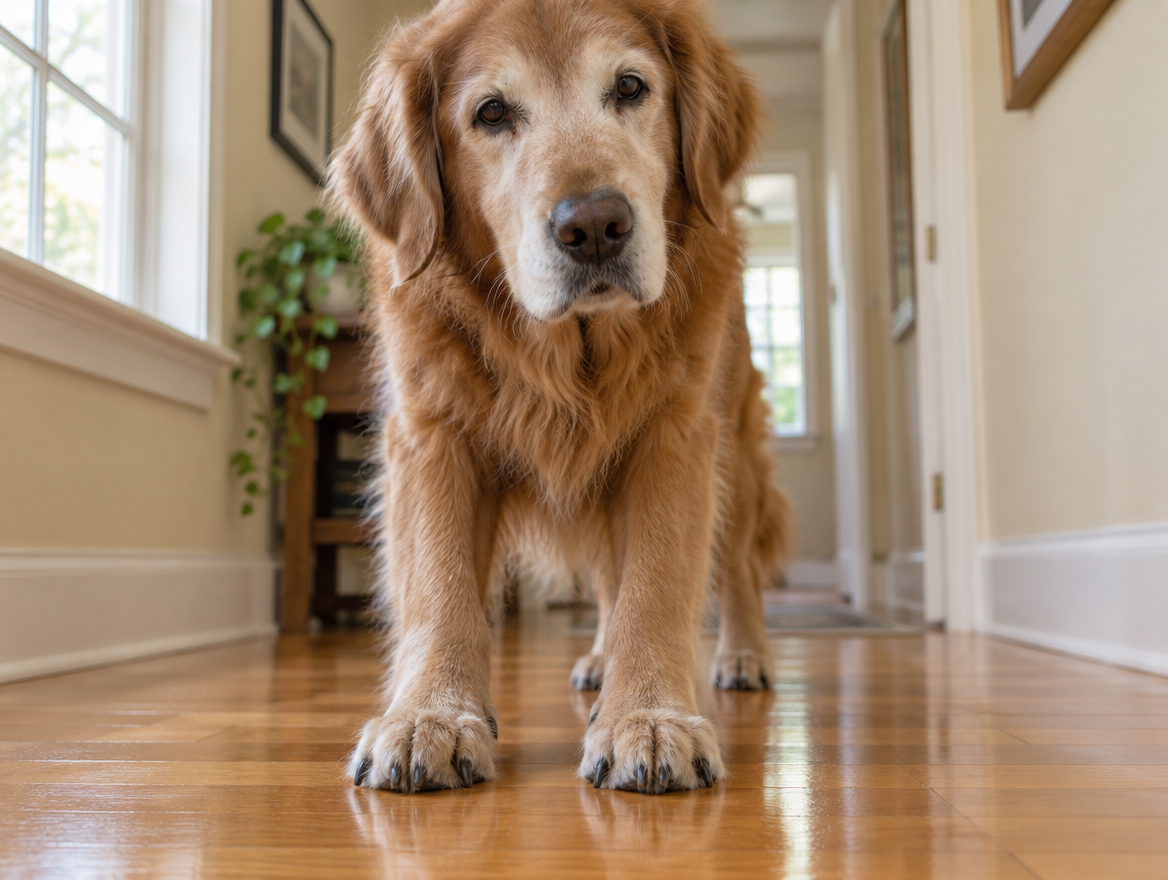 Older golden retriever standing on a shiny hardwood hallway floor, front paws and nails in focus