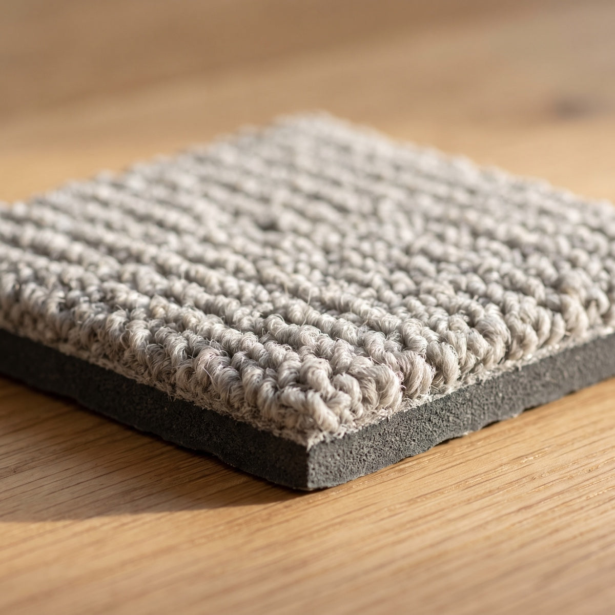 Macro of a carpet tile corner showing short ribbed pile and clean cut edge