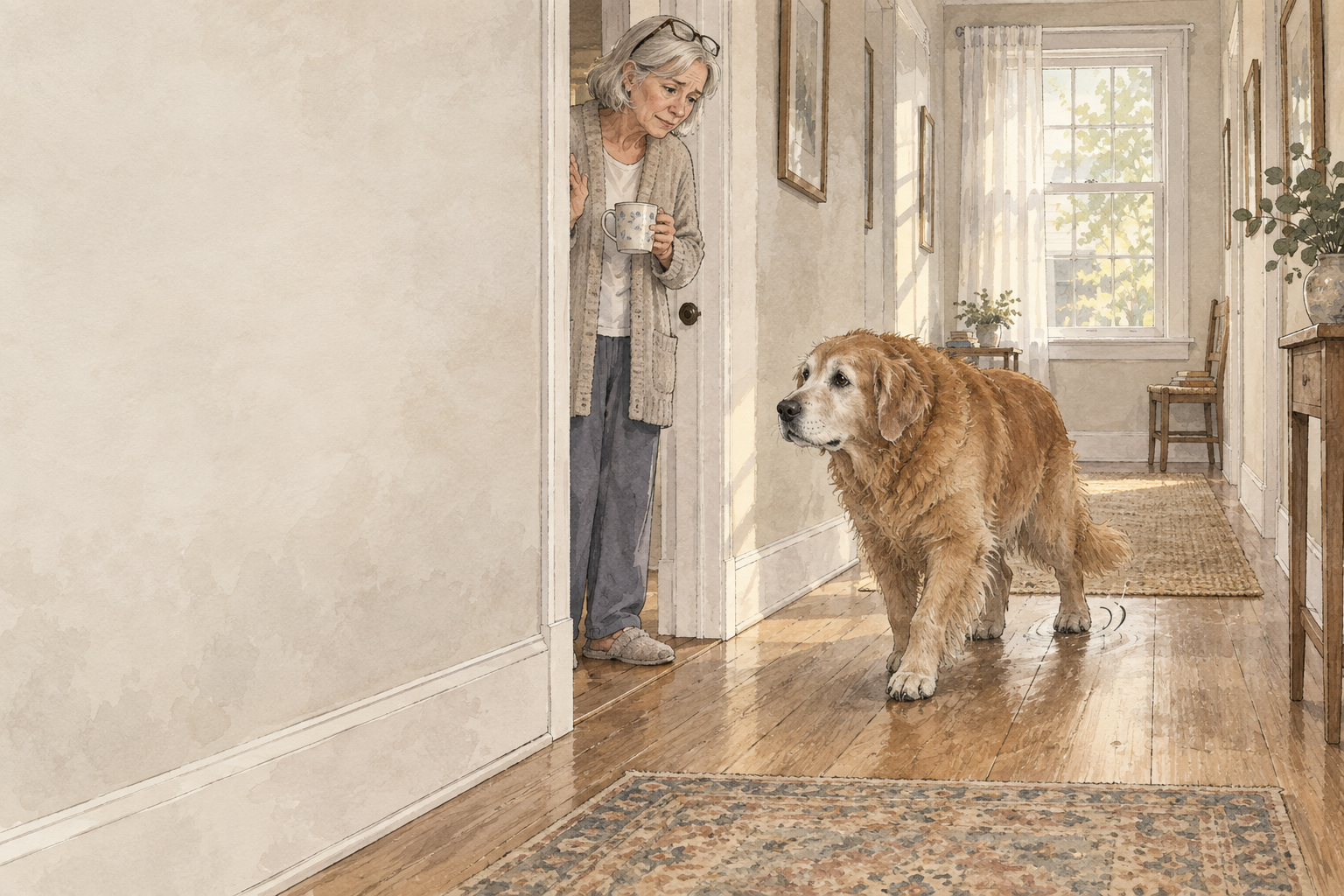 A woman in her late sixties watches from a doorway as her old golden retriever crosses the bare hardwood between a hall runner and a rug
