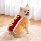 Pomeranian wearing the plush hot dog costume