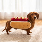 Dachshund in the hot dog costume, side view