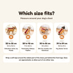 Hot dog costume size guide: S chest 22 to 32 cm, M 28 to 42 cm, L 30 to 56 cm, XL 34 to 54 cm