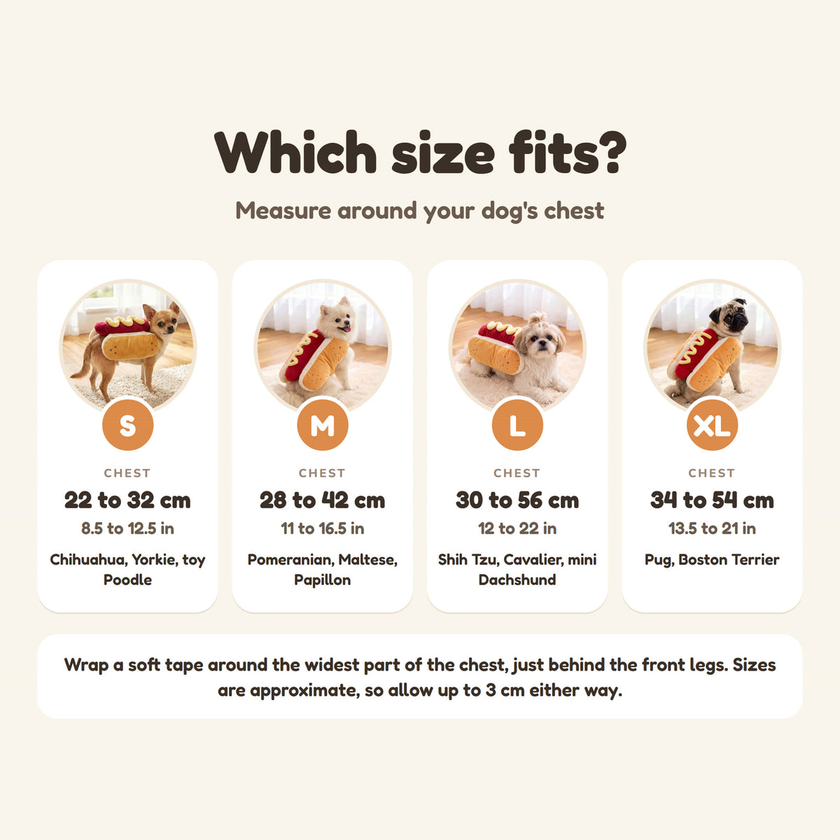 Hot dog costume size guide: S chest 22 to 32 cm, M 28 to 42 cm, L 30 to 56 cm, XL 34 to 54 cm