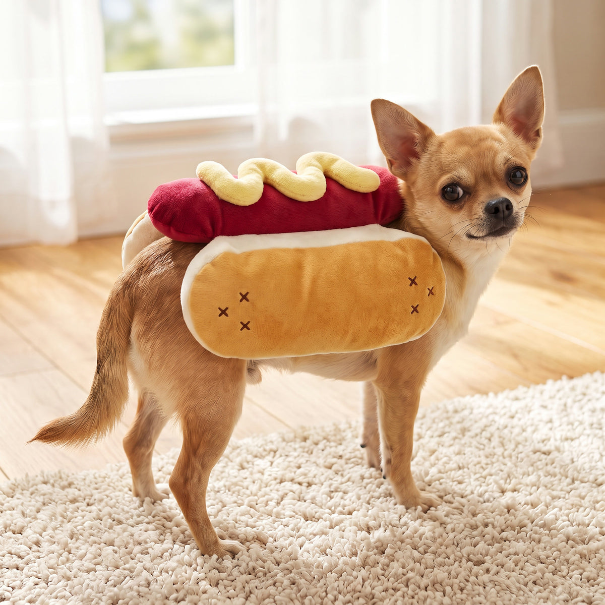 Chihuahua wearing the hot dog costume, size S