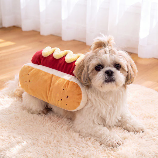Shih Tzu lying down in the hot dog costume, size L