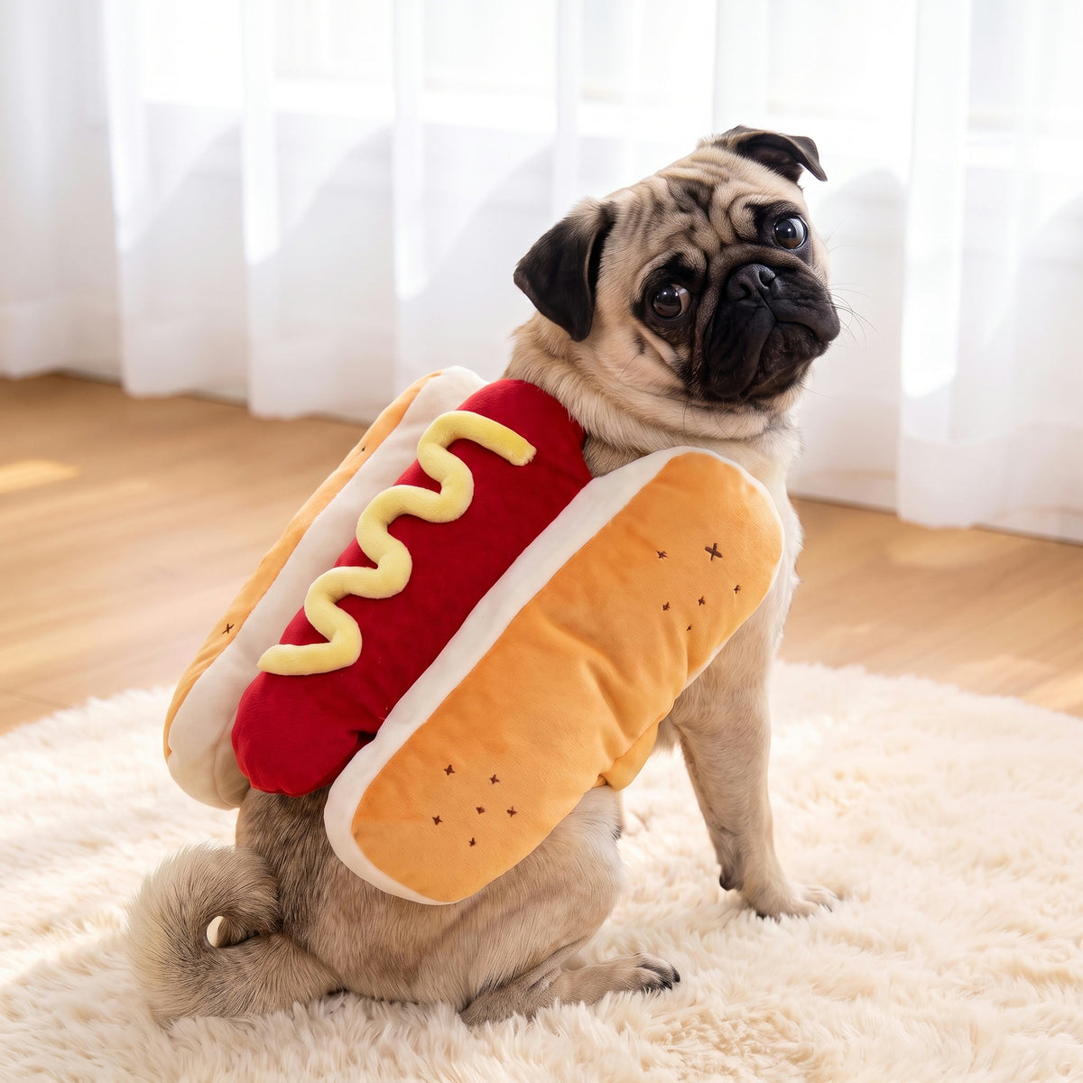 Pug wearing the hot dog costume, size XL