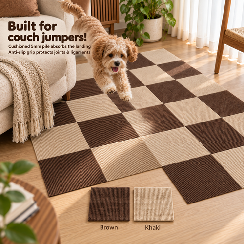 Built for couch jumpers — small dog landing on a brown and khaki PawProof checkerboard
