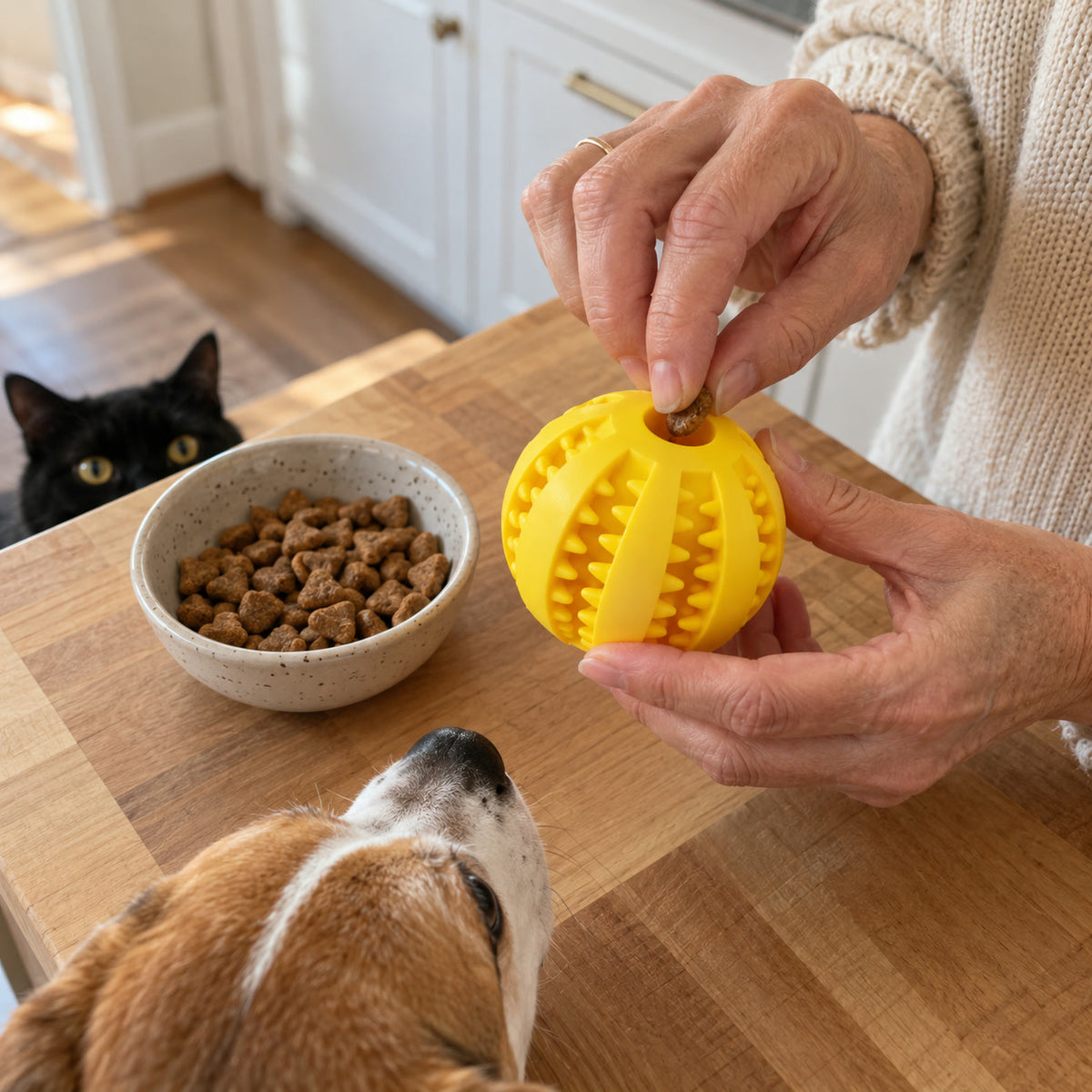 Hand filling a yellow BoredProof treat ball with kibble while a dog watches
