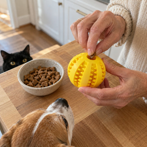 Hand filling a yellow BoredProof treat ball with kibble while a dog watches