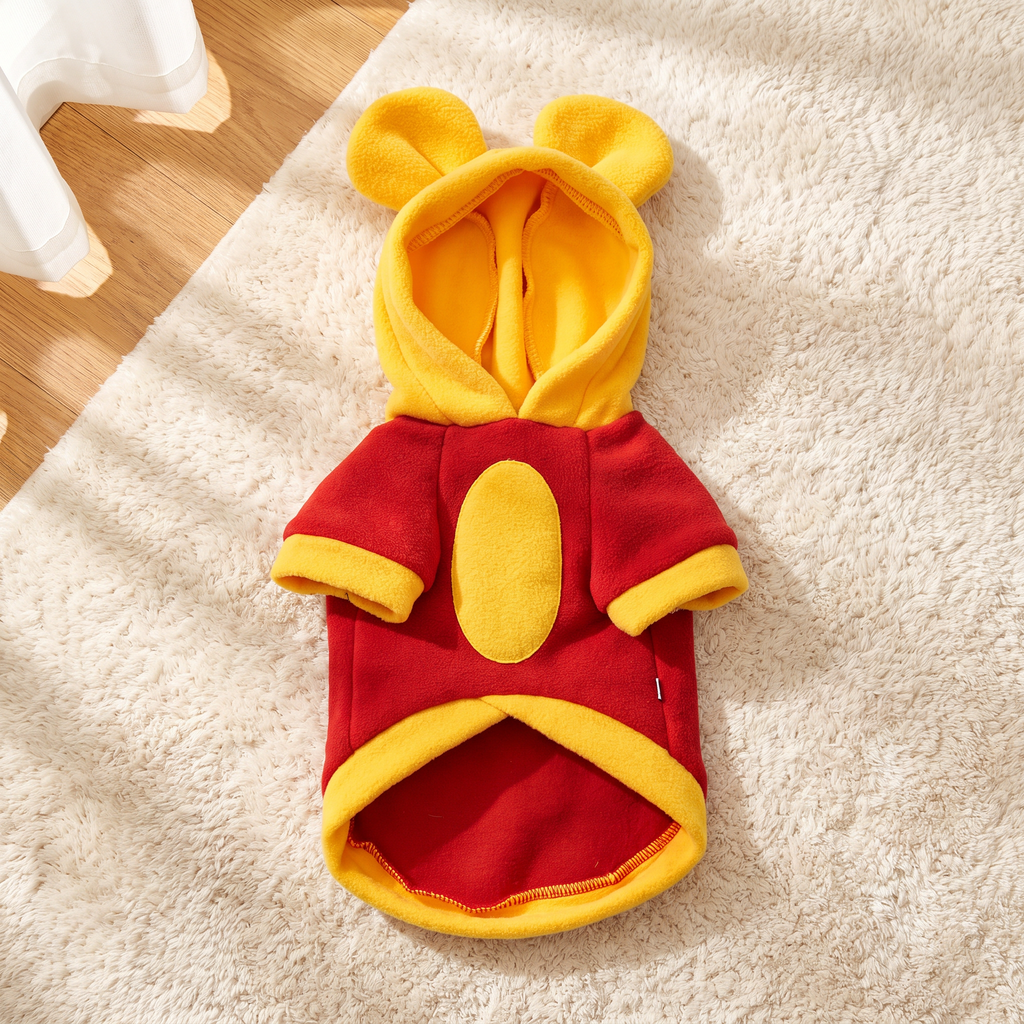 The Honey Bear Costume laid flat: red fleece, yellow hood with bear ears