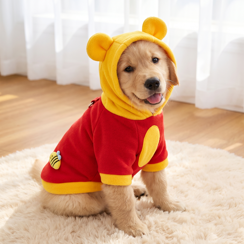 Golden retriever puppy in the Honey Bear Costume with the hood up