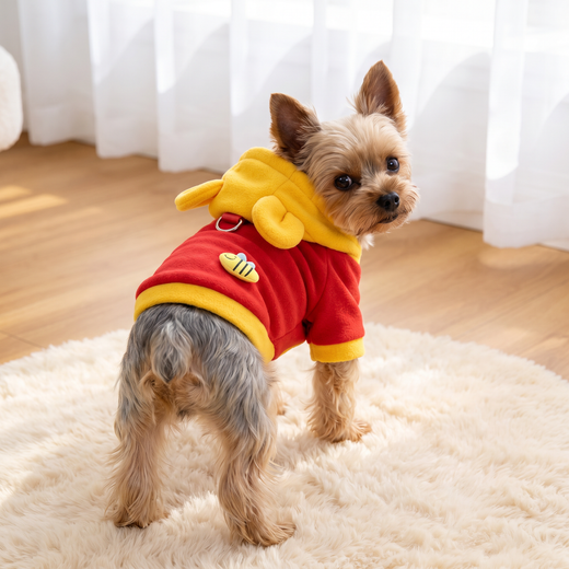 Yorkie in the Honey Bear Costume showing the bee and D ring on the back