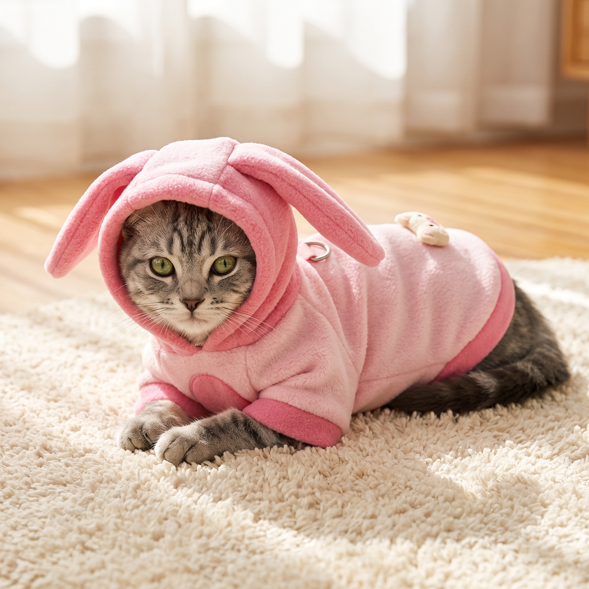Tabby cat in the Pink Piglet Costume with the hood up