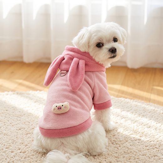 Maltese in the Pink Piglet Costume showing the pig face and D ring on the back