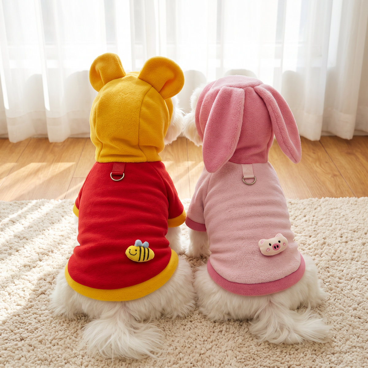 Two Maltese from behind in the Honey Bear and Pink Piglet costumes
