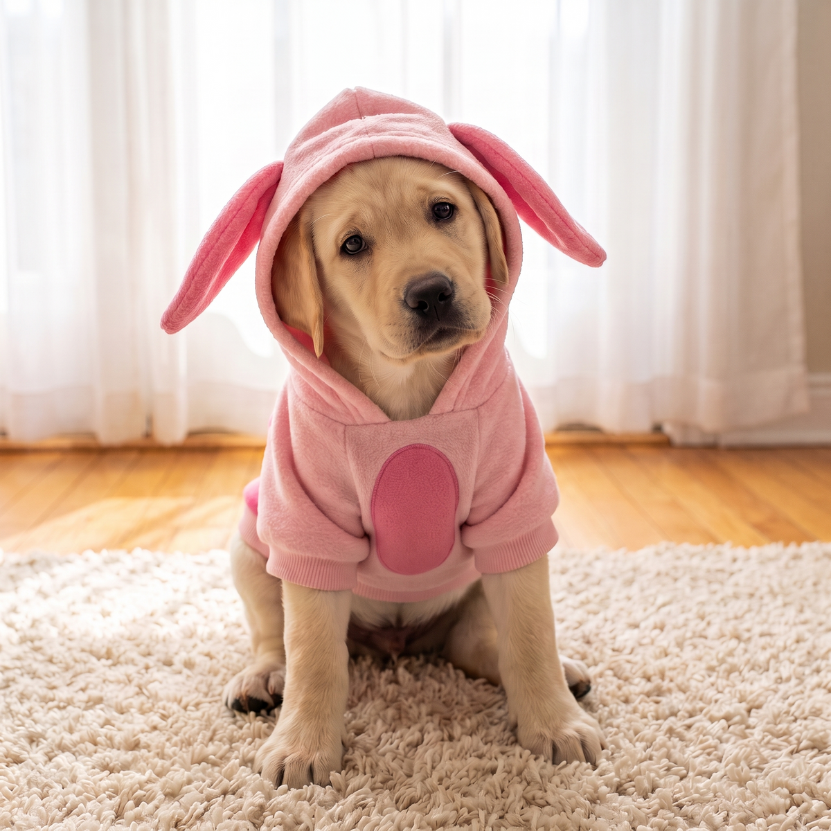 Labrador puppy in the Pink Piglet Costume with the hood up