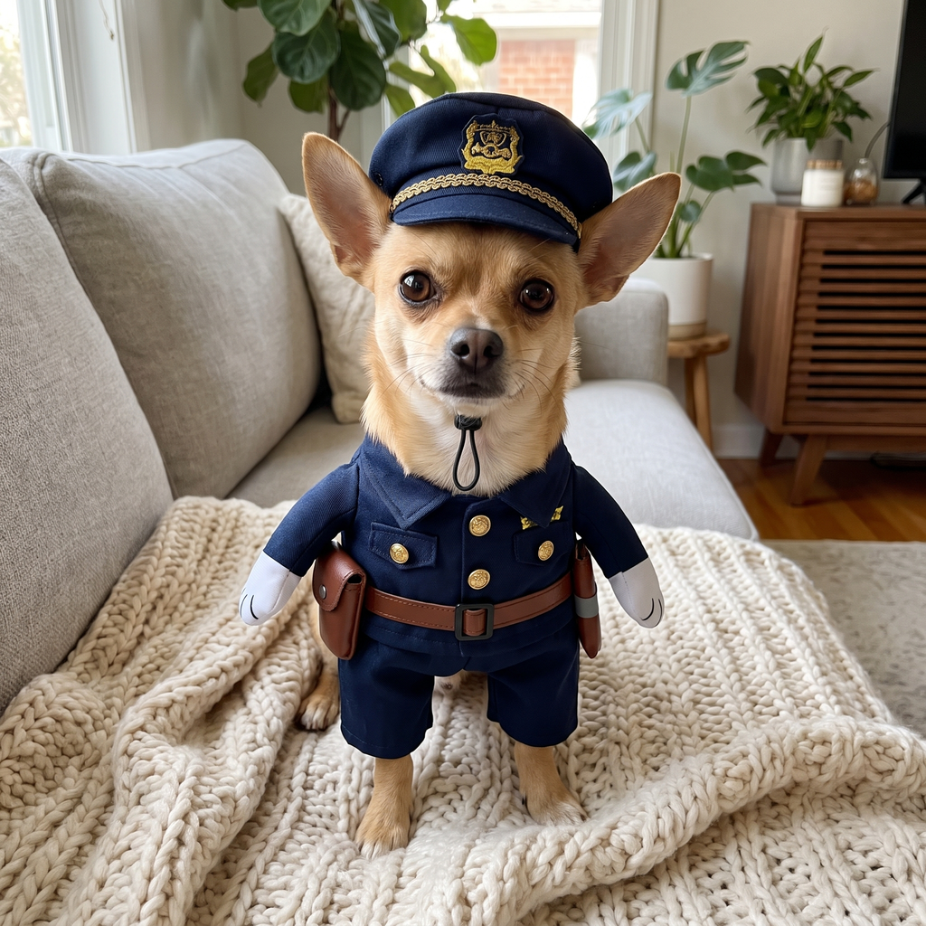 Chihuahua in the Officer Pup Costume on the sofa