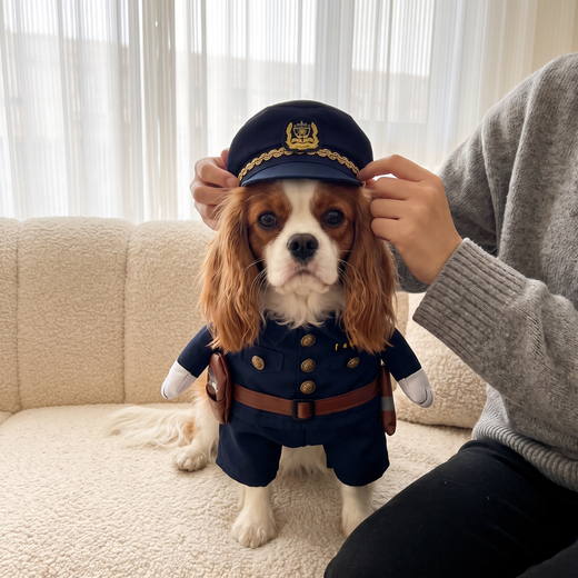 Cavalier in the Officer Pup Costume on its owner's lap
