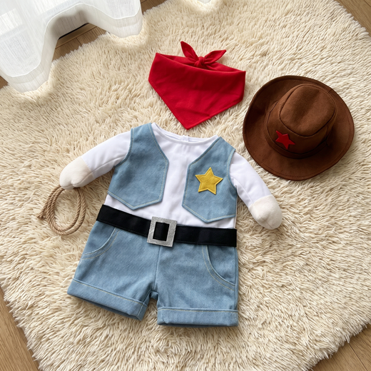 The Howdy Cowboy Costume laid flat with the hat and bandana