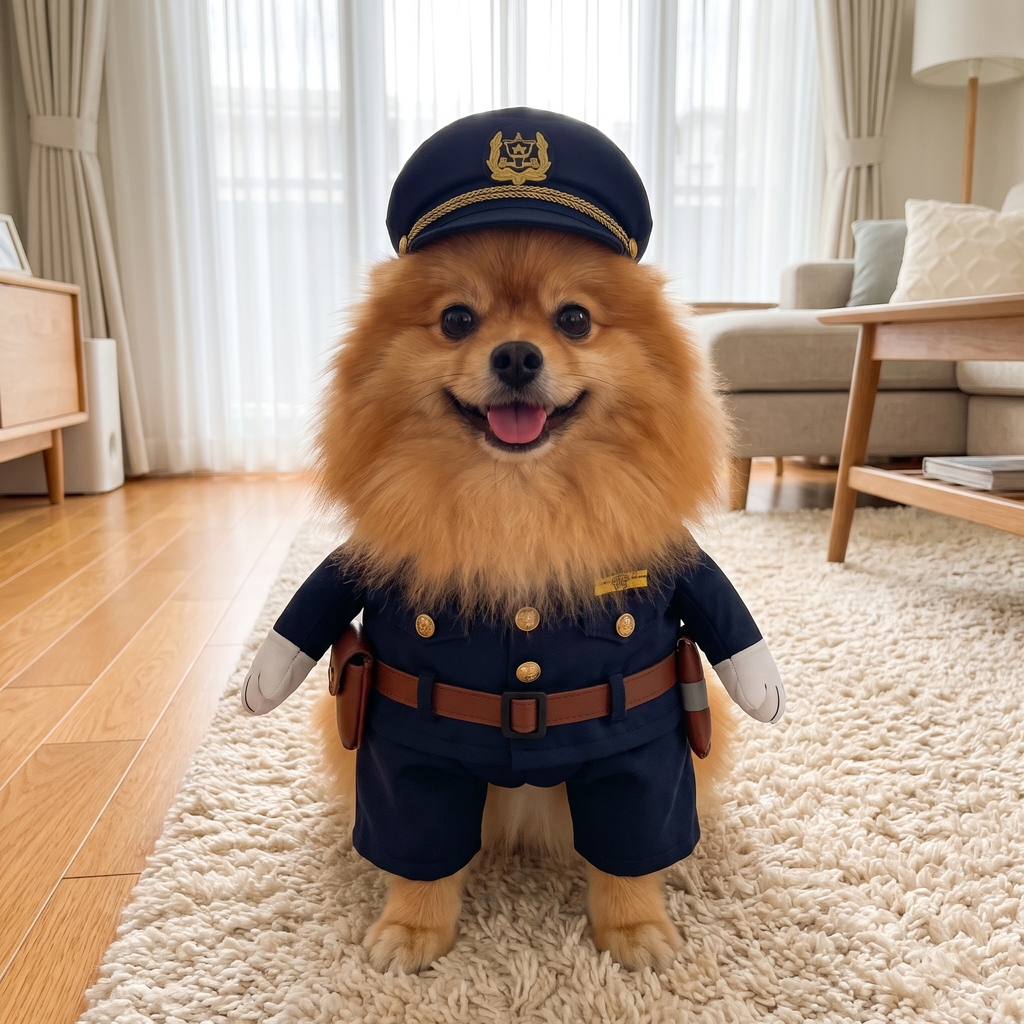 Pomeranian in the Officer Pup Costume with a navy police cap