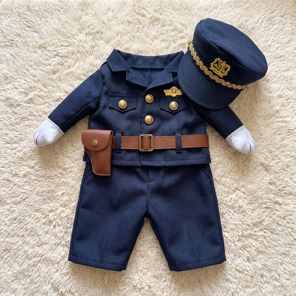 The Officer Pup Costume laid flat with the police cap