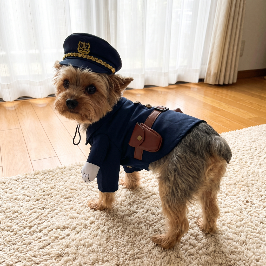 Yorkie in the Officer Pup Costume from the side, showing the belt and holster pouch