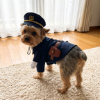 Yorkie in the Officer Pup Costume from the side, showing the belt and holster pouch