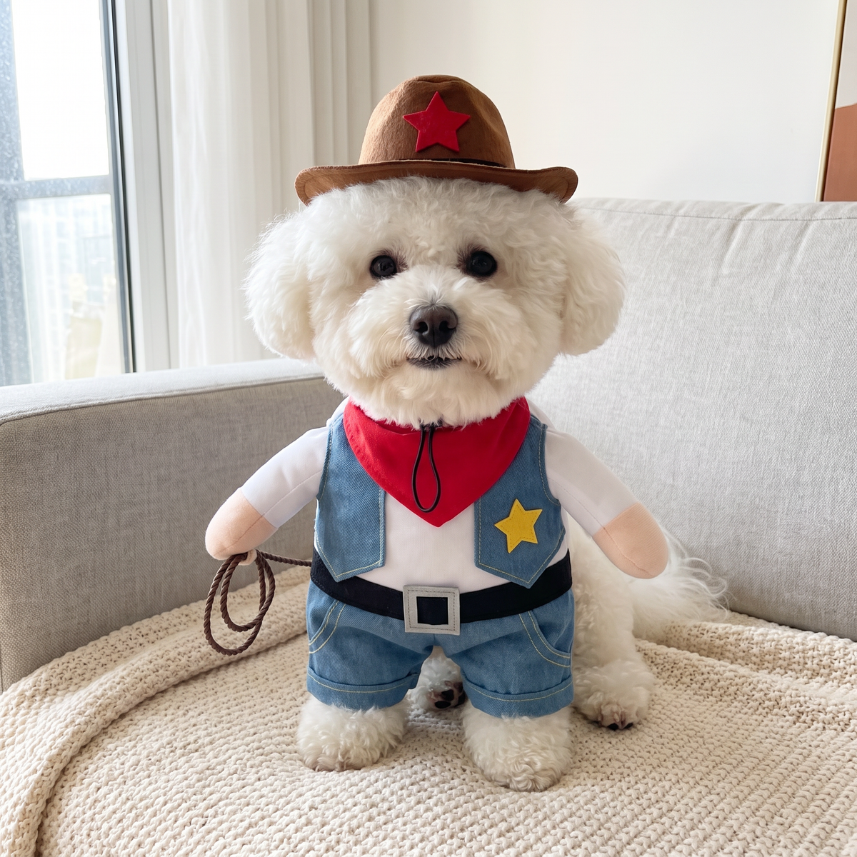 Bichon in the Howdy Cowboy Costume on the sofa