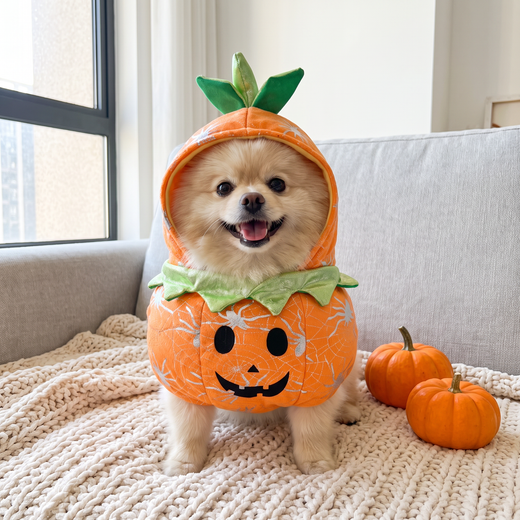 Pomeranian in the Little Pumpkin Costume with real pumpkins