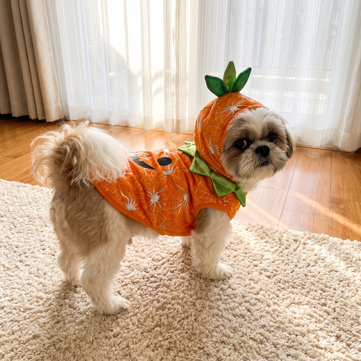 Shih Tzu in the Little Pumpkin Costume from the side