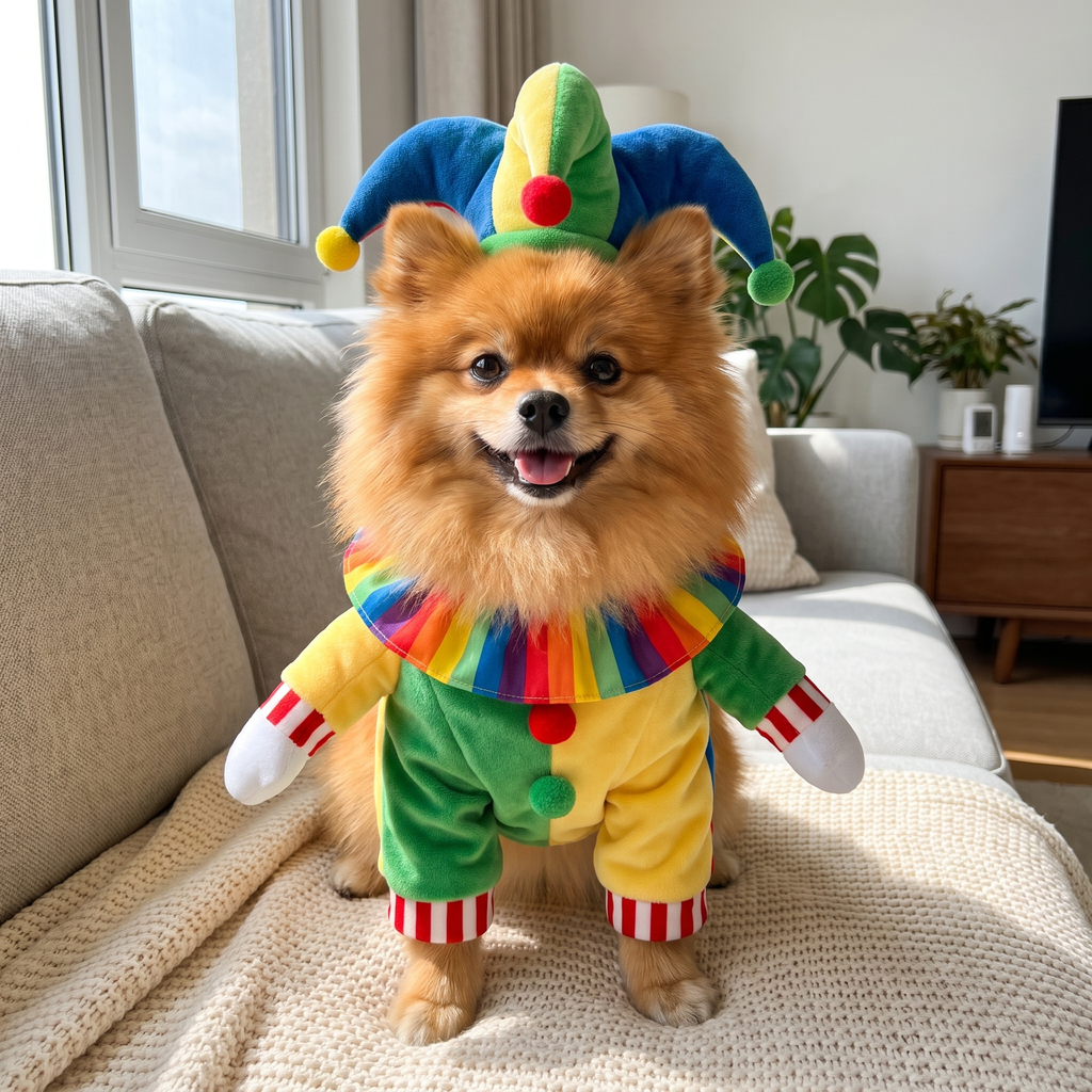 Pomeranian in the Jolly Jester Costume on the sofa