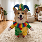 Corgi in the Jolly Jester Costume with a jester hat