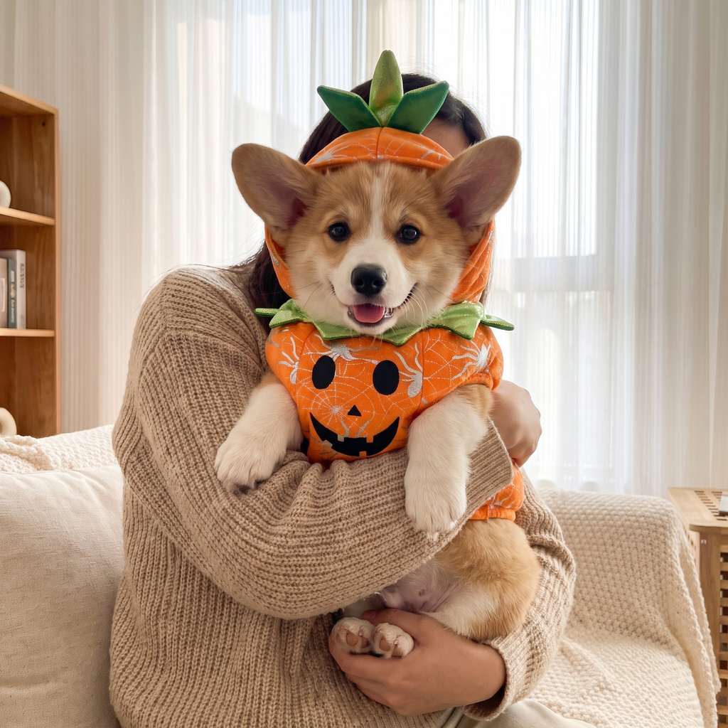 Corgi puppy in the Little Pumpkin Costume held by its owner