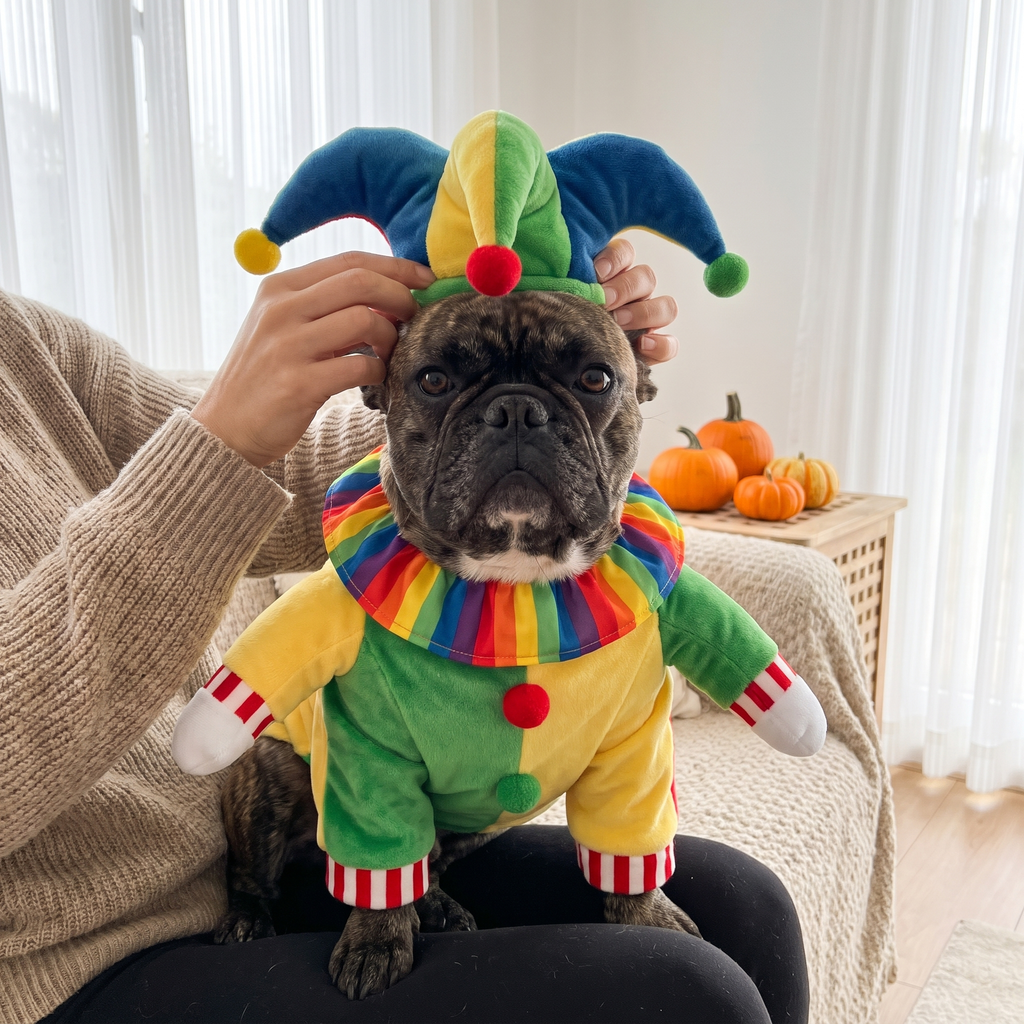 French Bulldog in the Jolly Jester Costume on its owner's lap