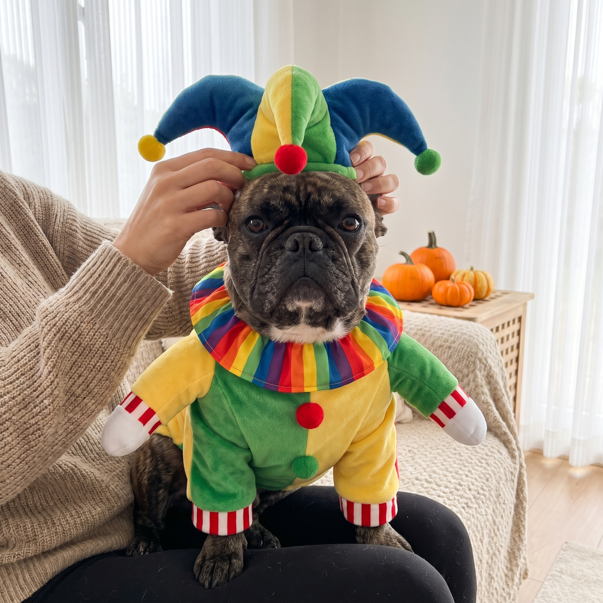 French Bulldog in the Jolly Jester Costume on its owner's lap