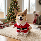 Corgi puppy in the Santa Paws Costume by the Christmas tree