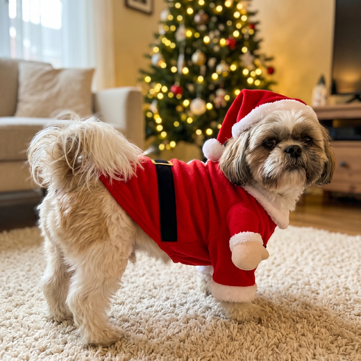 Shih Tzu in the Santa Paws Costume from the side