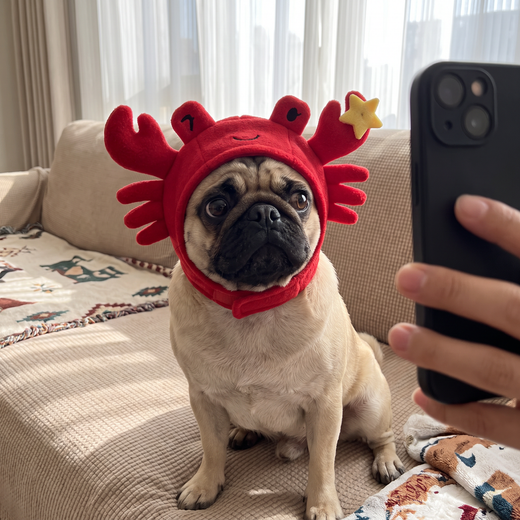 Pug wearing the Snappy Crab Hat posing for a phone photo