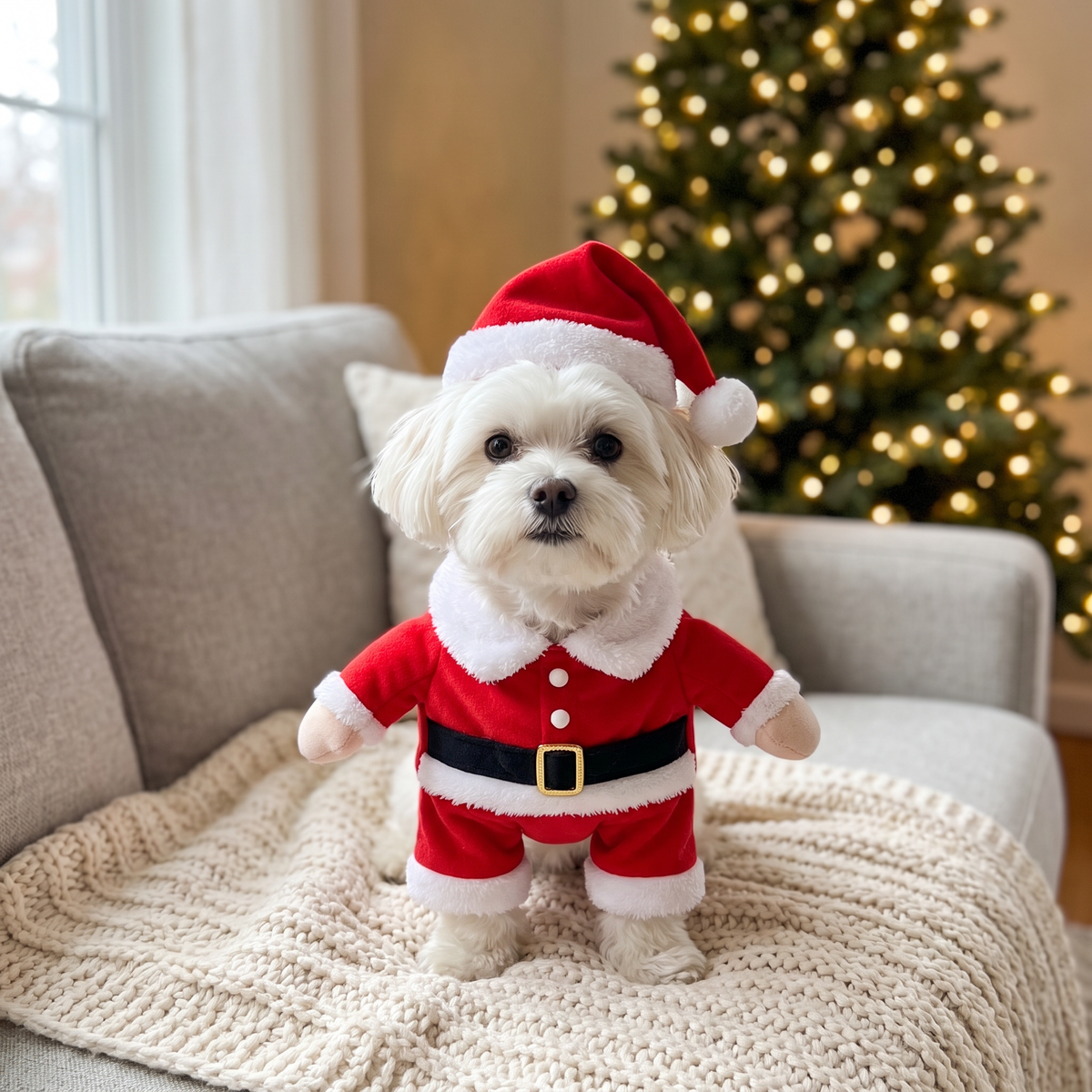 Maltese in the Santa Paws Costume on the sofa
