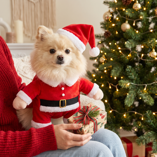 Pomeranian in the Santa Paws Costume on its owner's lap