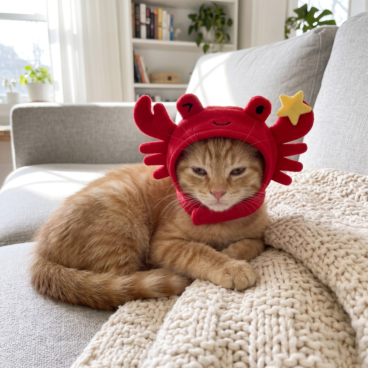 Ginger cat wearing the Snappy Crab Hat on the sofa
