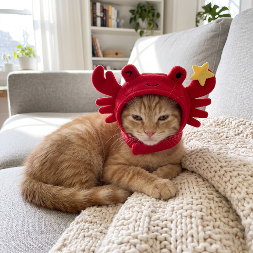 Ginger cat wearing the Snappy Crab Hat on the sofa