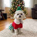 Maltese in the Merry Elf Dress by the Christmas tree