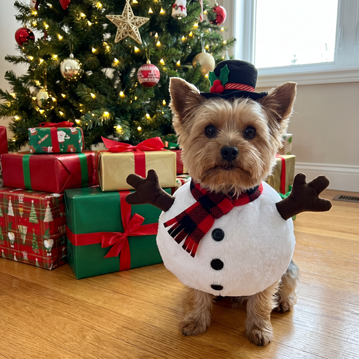 Yorkie in the Snuggly Snowman Costume next to presents