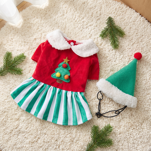 The Merry Elf Dress laid flat with the elf hat
