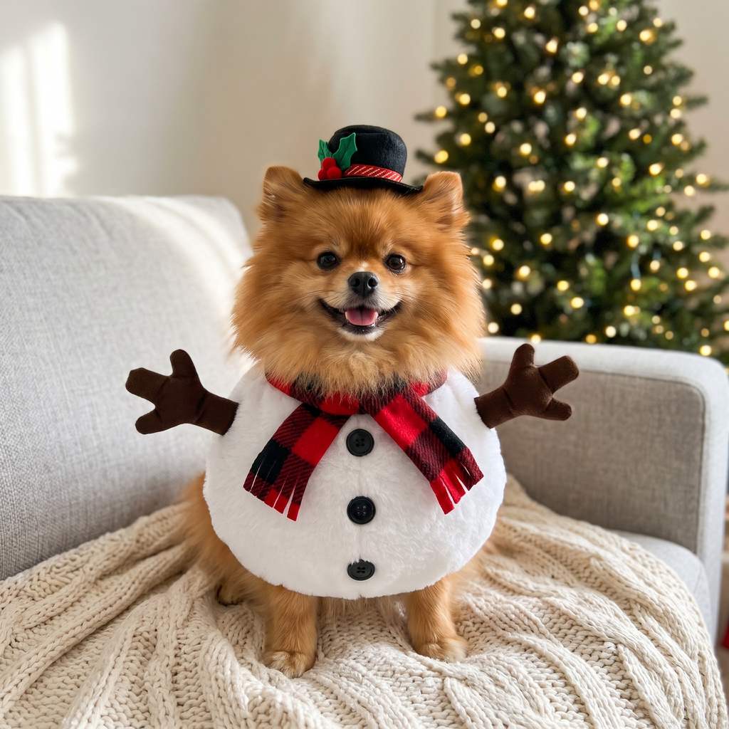 Pomeranian in the Snuggly Snowman Costume on the sofa