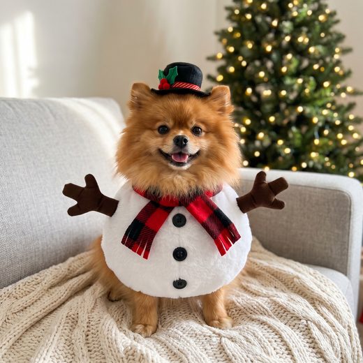 Pomeranian in the Snuggly Snowman Costume on the sofa