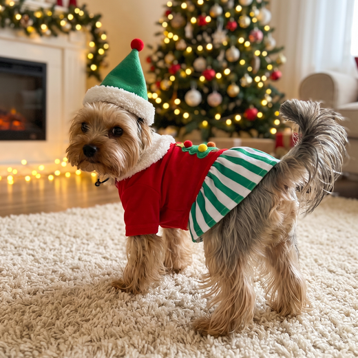 Yorkie in the Merry Elf Dress from behind, showing the Christmas tree patch