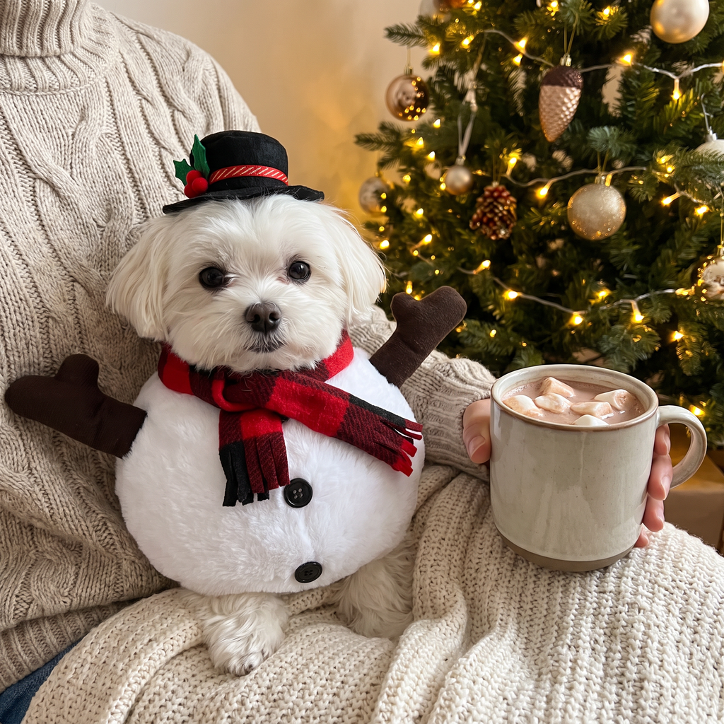 Maltese in the Snuggly Snowman Costume on its owner's lap
