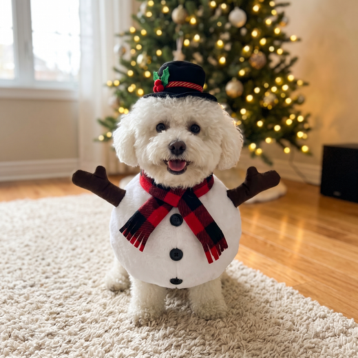 Bichon in the Snuggly Snowman Costume by the Christmas tree